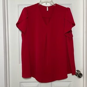 Anyally Red V-Neck Plus Blouse with Petal Sleeves